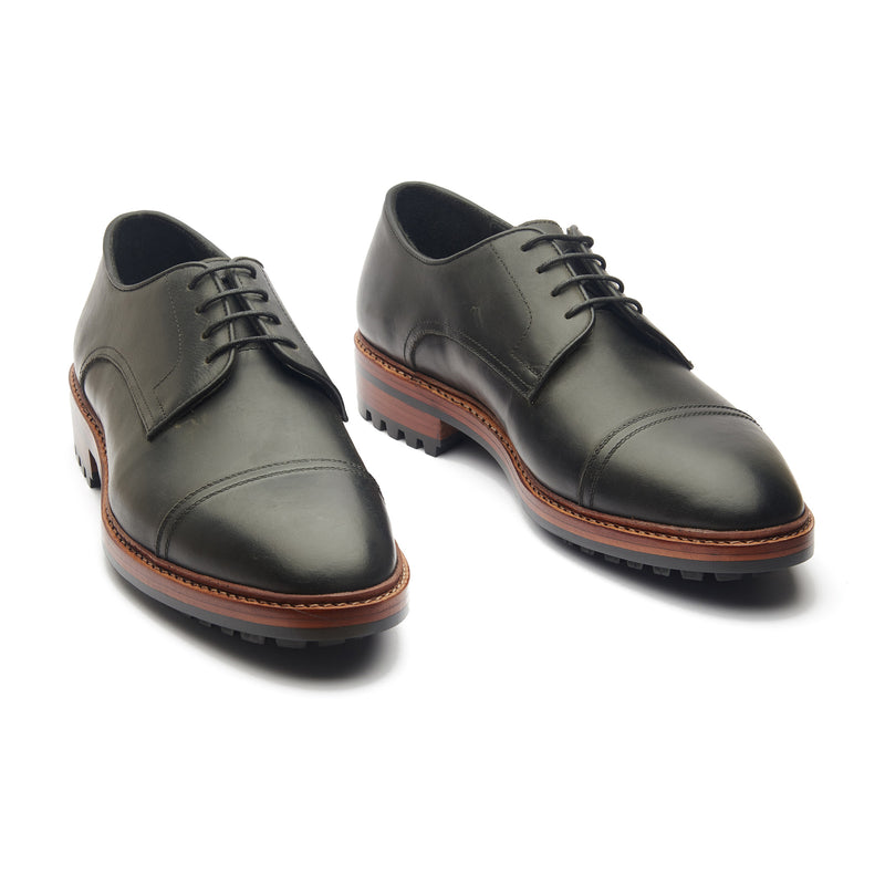 Junior, Cap-Toe Derby Shoe - Black Waxy Pull-up | Hand Welted New Age