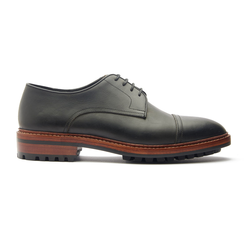 Junior, Cap-Toe Derby Shoe - Black Waxy Pull-up | New Age