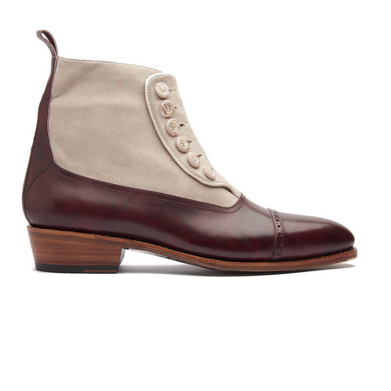 Esquire, Button Boot - Plum Museum Calf Ivory Suede | Hand Welted Contemporary Classics