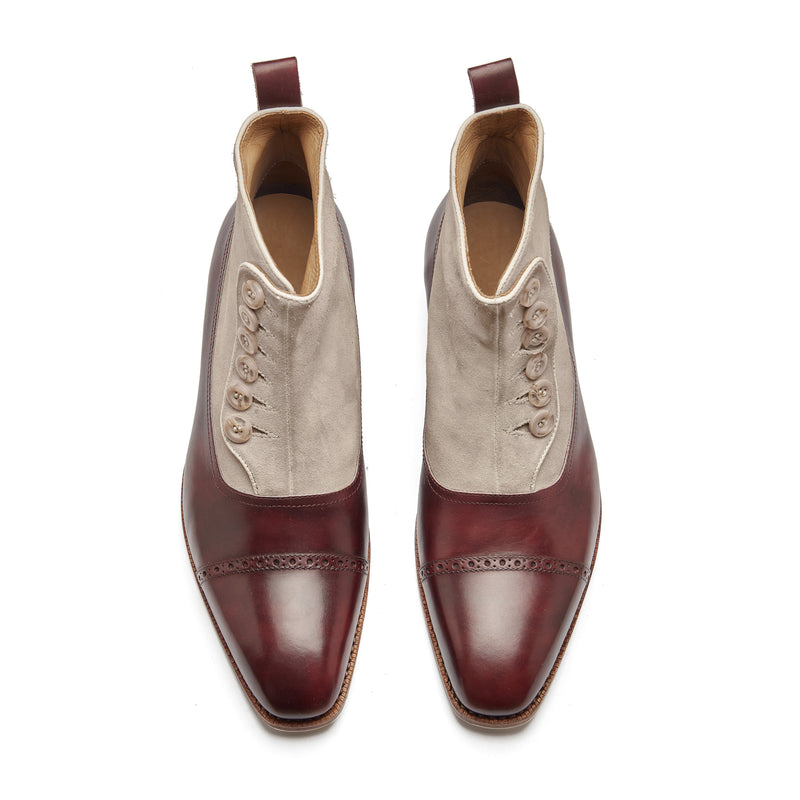 Esquire, Button Boot - Plum Museum Calf Ivory Suede | Hand Welted Contemporary Classics