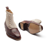 Esquire, Button Boot - Plum Museum Calf Ivory Suede | Hand Welted Contemporary Classics