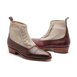 Esquire, Button Boot - Plum Museum Calf Ivory Suede | Hand Welted Contemporary Classics