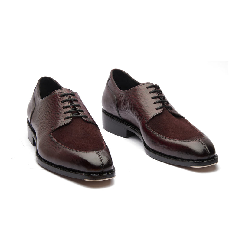 Ingrid-X, Split Toe Blucher Derby - Burgundy Hatch-grain & Suede | Hand Welted Contemporary Classics