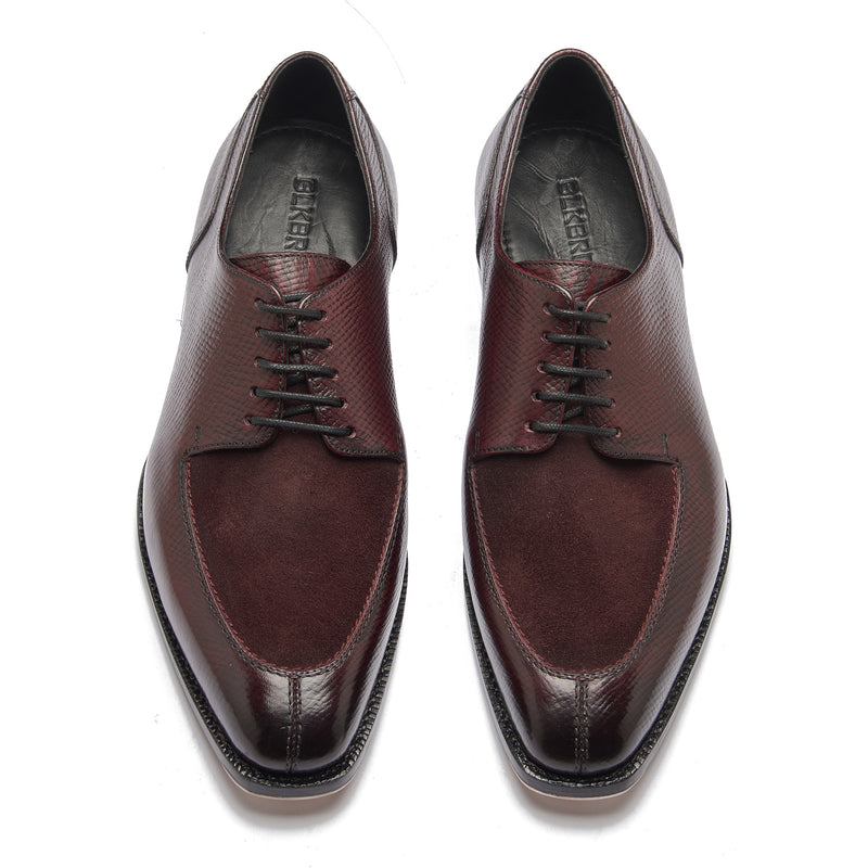 Ingrid-X, Split Toe Blucher Derby - Burgundy Hatch-grain & Suede | Hand Welted Contemporary Classics