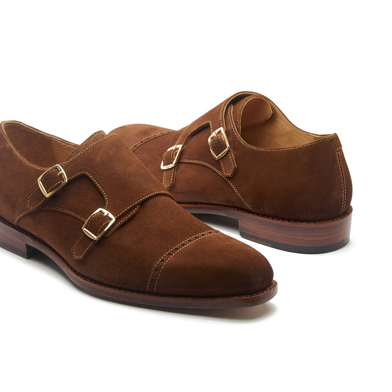 Aspen, Double Monk Strap - French Brown Calf Suede | Hand Welted Summer Classics