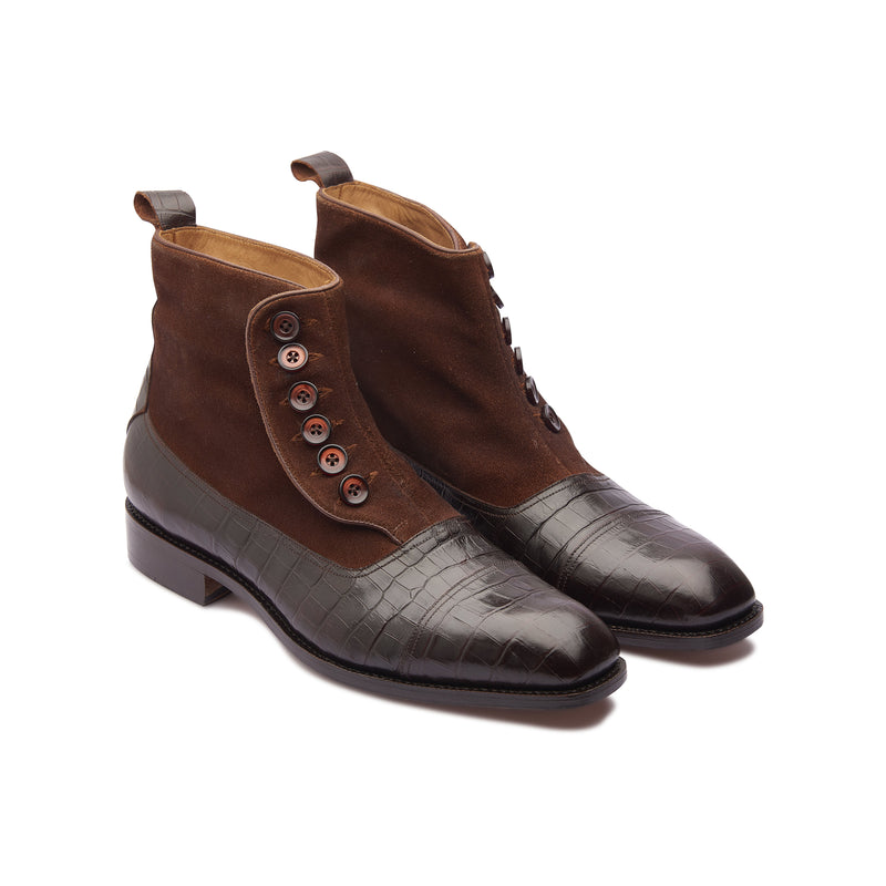 Victor, Button Boot - Brown Suede & Croc | Made To Order - BLKBRD SHOEMAKER