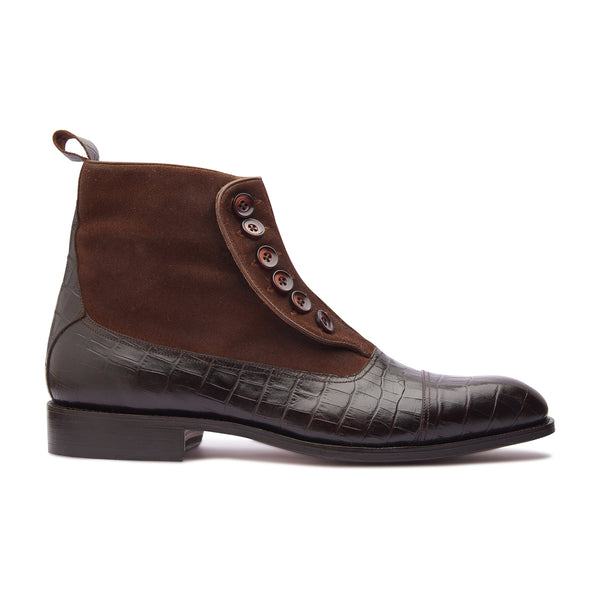 Victor, Button Boot - Brown Suede & Croc | Made To Order - BLKBRD SHOEMAKER