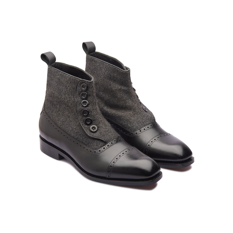 Victor, Button Boot -Black & Grey Textile | Made To Order - BLKBRD SHOEMAKER