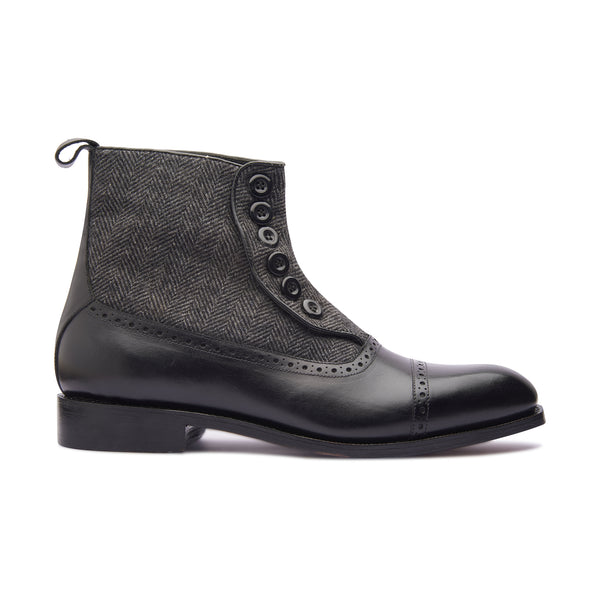 Victor, Button Boot -Black & Grey Textile | Made To Order - BLKBRD SHOEMAKER